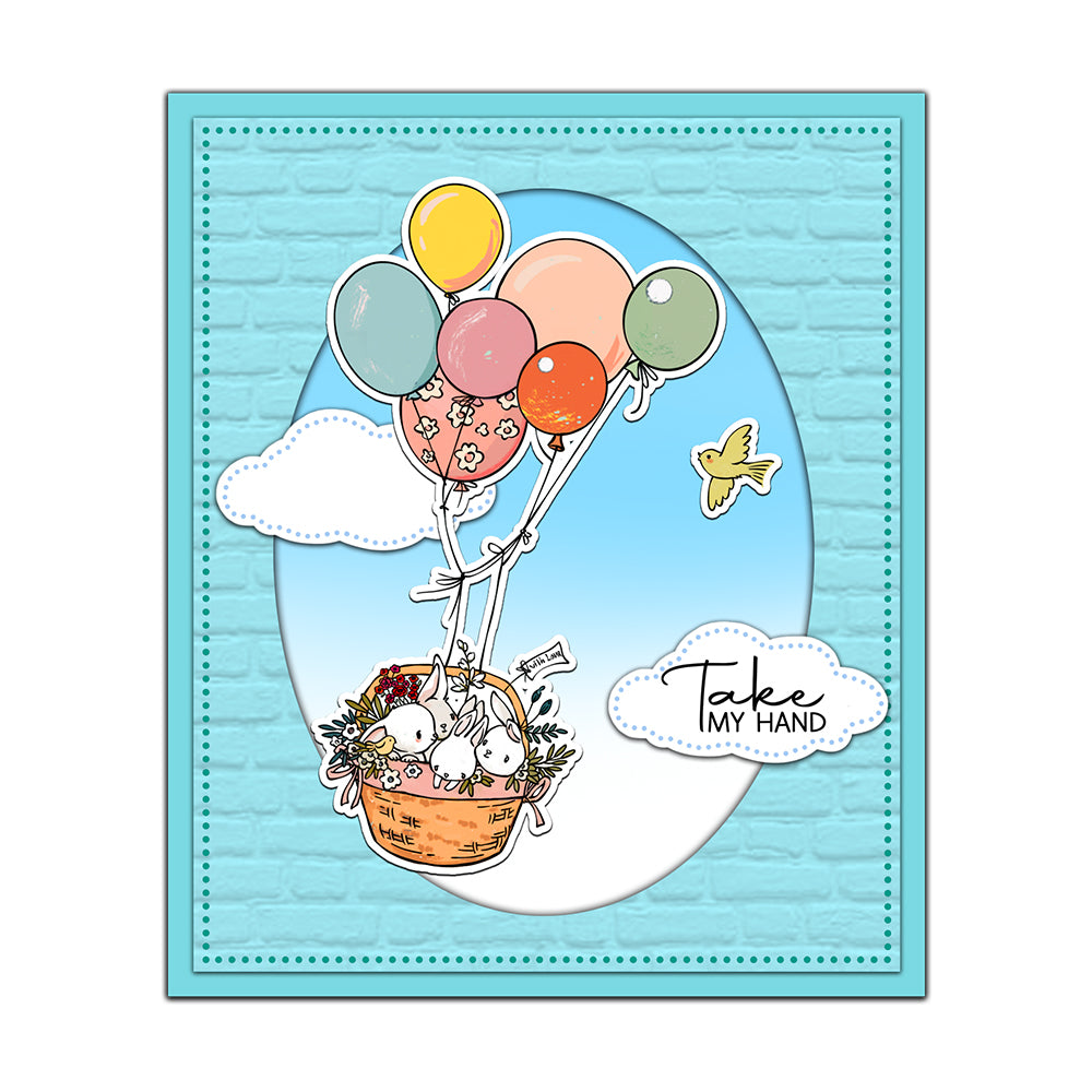 Cute Rabbits Holding Flying Balloons Cutting Dies And Stamp Set YX1305-S+D