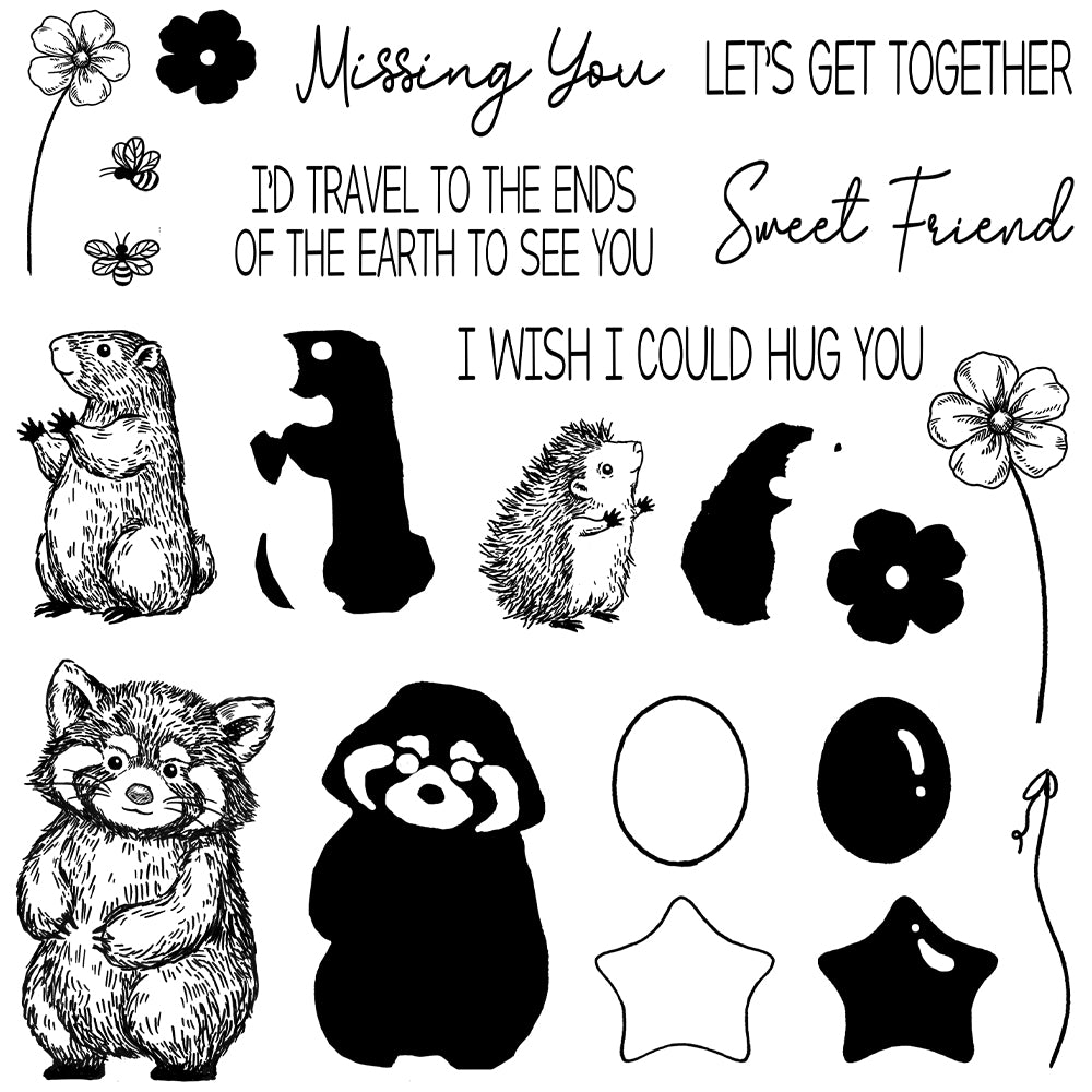 Cute Little Animals Holding Flowers And Flower Clear Stamp YX1260-S