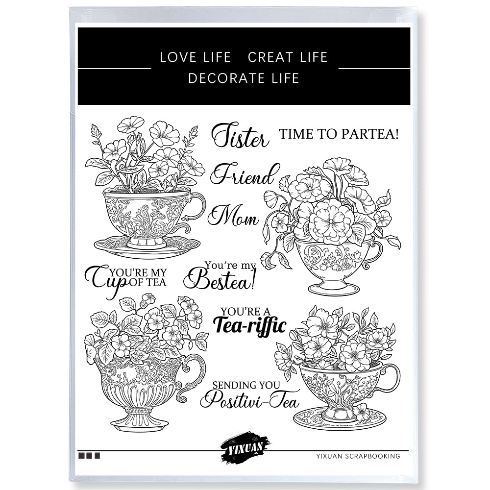 Blooming Flowers In Vintage Tea Cups Tea Time Cutting Dies And Stamp Set YX1382-S+D