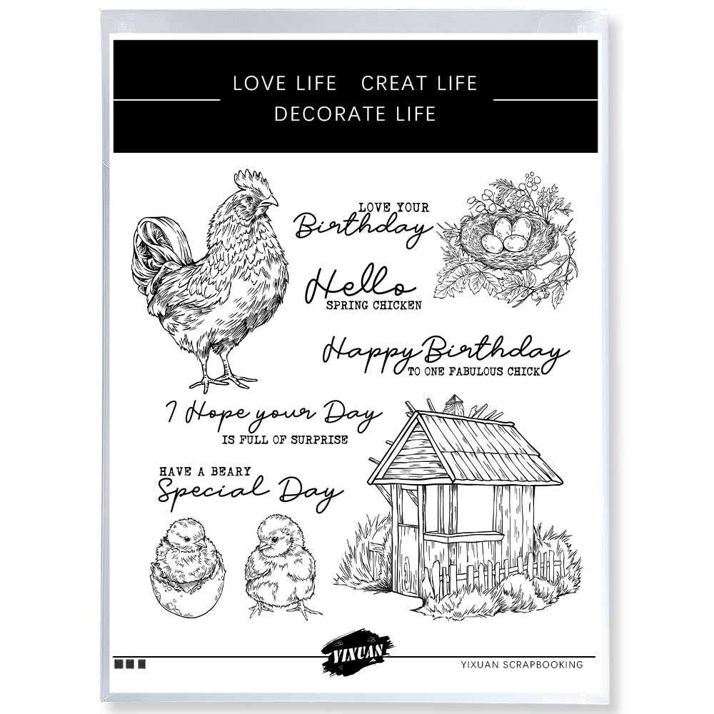 Cock Chick And Eggs Vintage Clear Stamp YX1265