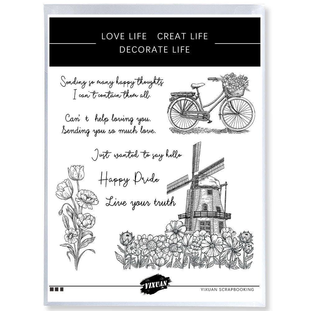 Windmill Bicycle And Blooming Flowers Clear Stamp YX1315