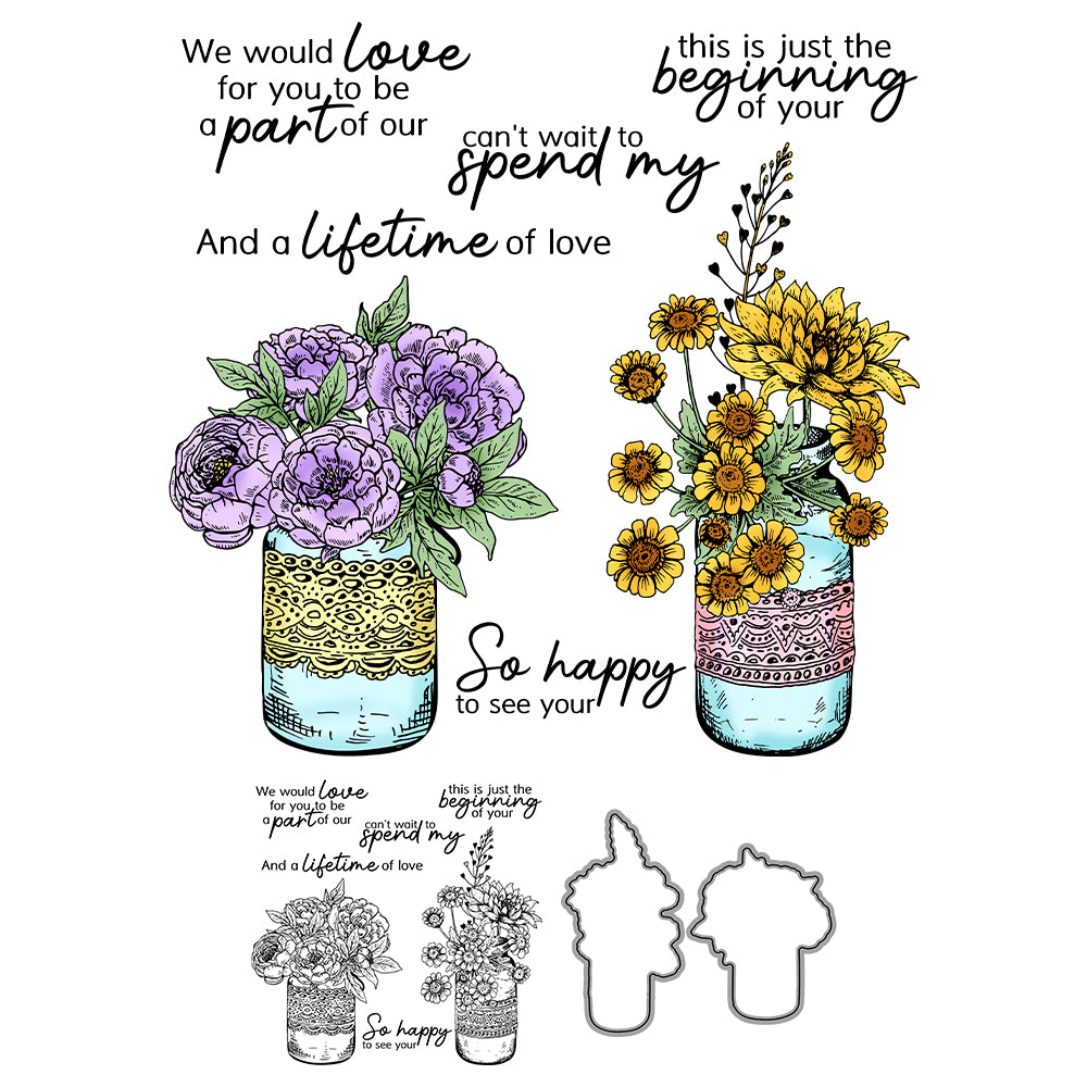 Blooming Flowers In Vase Cutting Dies And Stamp Set YX1246-S+D