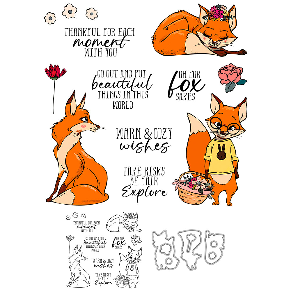 Cute Little Fox And Roses Cutting Dies And Stamp Set YX1286-S+D