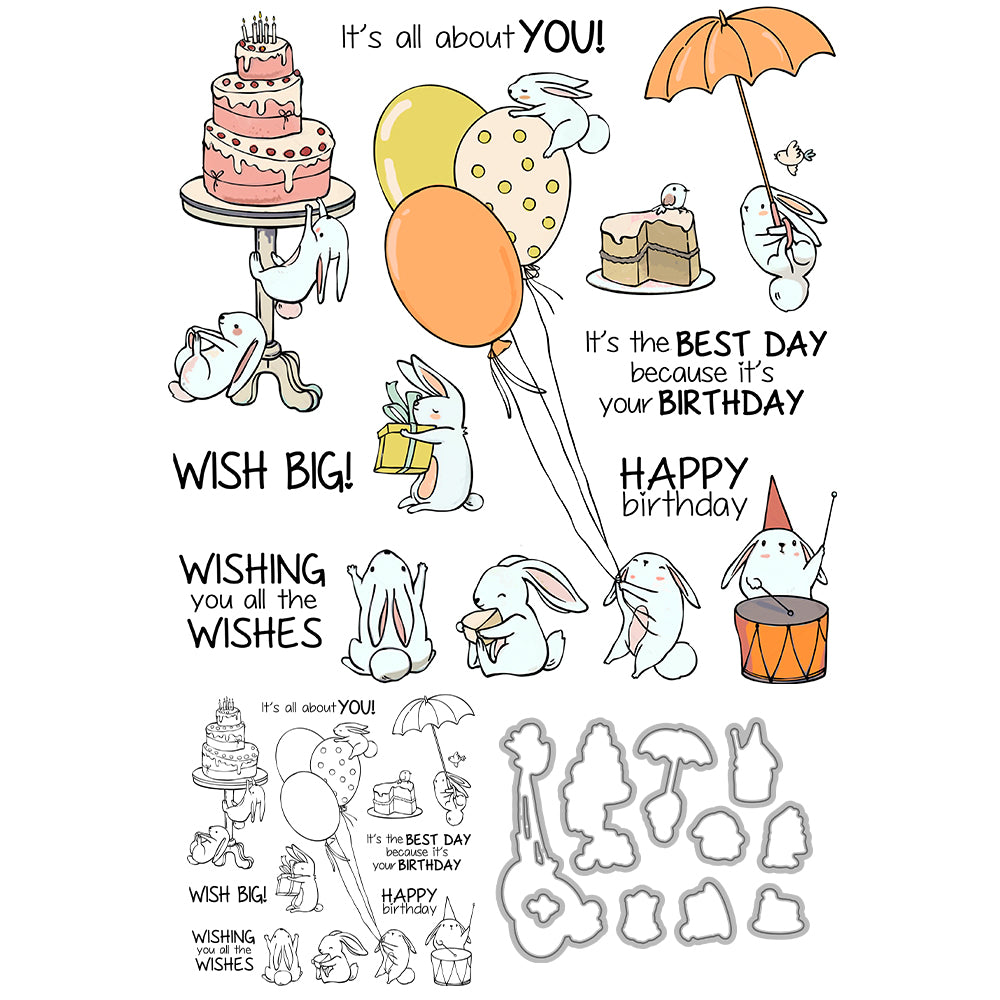 Happy Birthday To Cute Rabbits Cutting Dies And Stamp Set YX1307-S+D