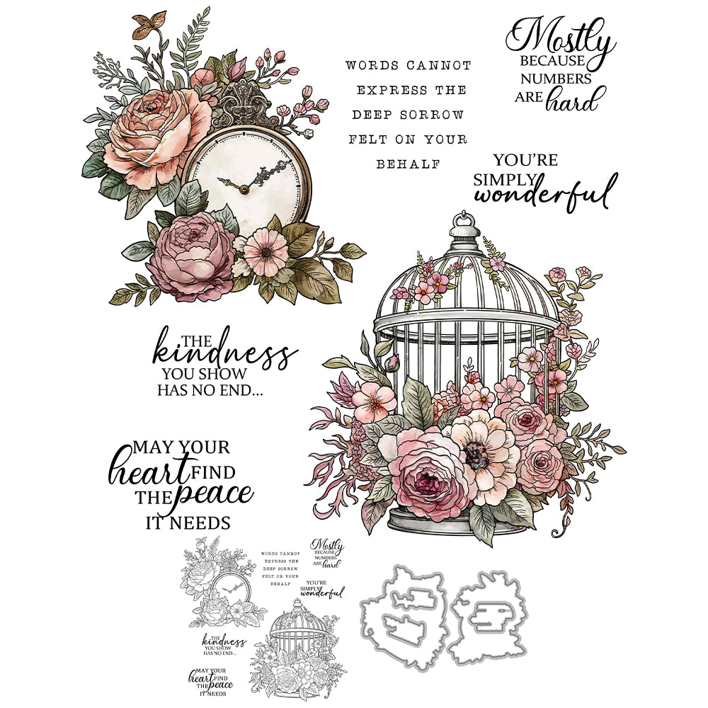 Roses Flowers Vintage Birdcage And Clock Cutting Dies And Stamp Set YX1419-S+D