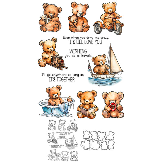 Cute Sporting And Reading Doll Bears Cutting Dies And Stamp Set YX1340-S+D