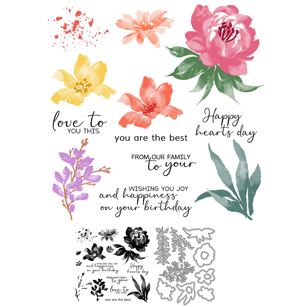 Painted Flowers Floral Cutting Dies And Stamp Set YX1226-S+D