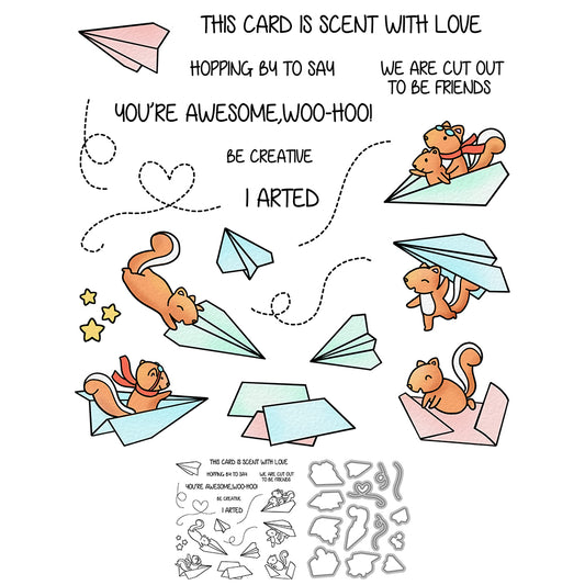 Creative Cute Squirrel On Paper Plane Cutting Dies And Stamp Set YX1328-S+D