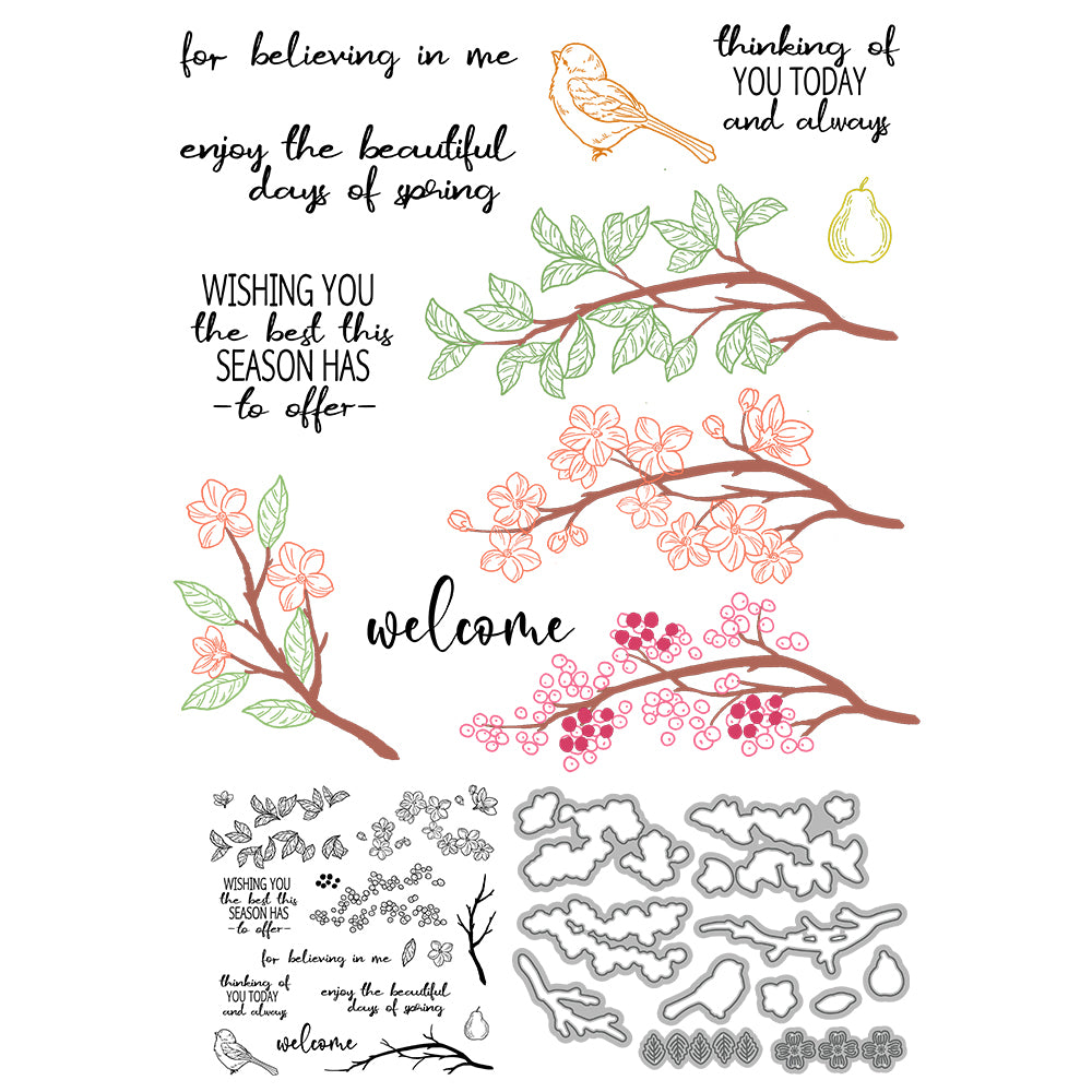 Branches Flowers Floral And Bird Cutting Dies And Stamp Set YX1225-S+D