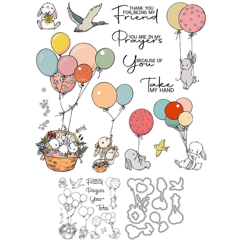 Cute Rabbits Holding Flying Balloons Cutting Dies And Stamp Set YX1305-S+D