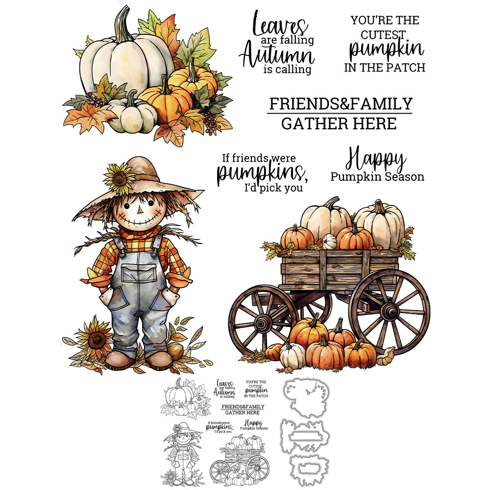 Autumn Harvest Pumpkins Scarecrow Halloween Thanksgiving Day Cutting Dies And Stamp Set YX1410-S+D