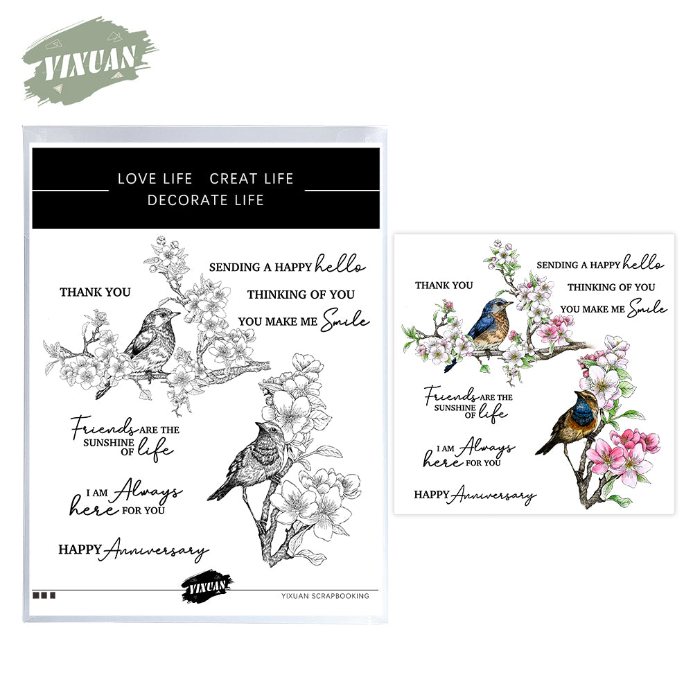 Spring Peach Flowers And Sparrow Bird Cutting Dies And Stamp Set YX1197-S+D