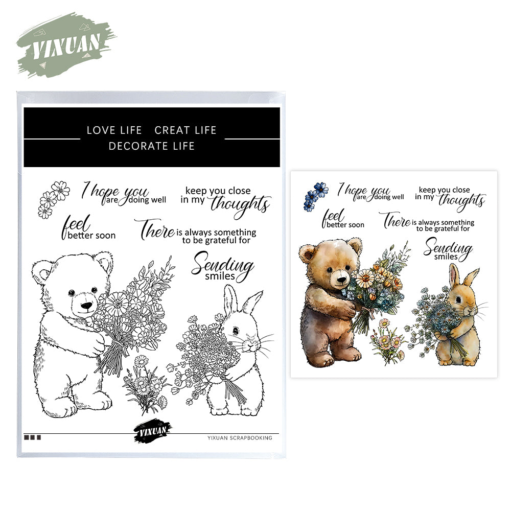 Cute Doll Bear Rabbit And Blooming Flowers Cutting Dies And Stamp Set YX1186-S+D