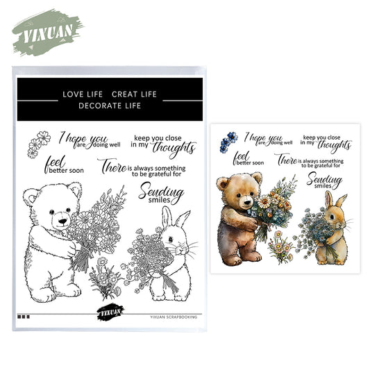 Cute Doll Bear Rabbit And Blooming Flowers Cutting Dies And Stamp Set YX1186-S+D