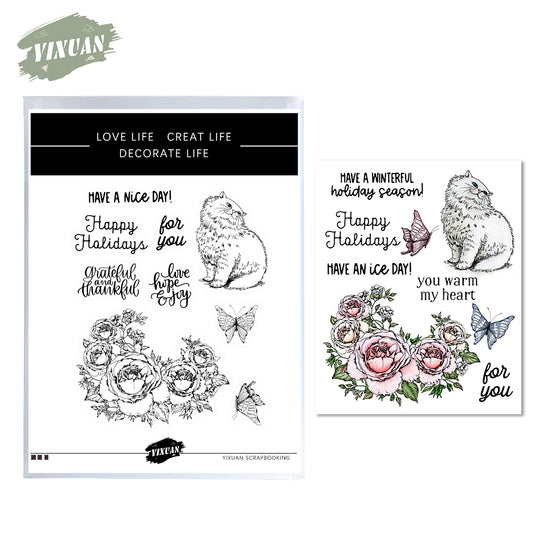 White Fatty Cat And Flowers Cutting Dies And Stamp Set YX507-S+D