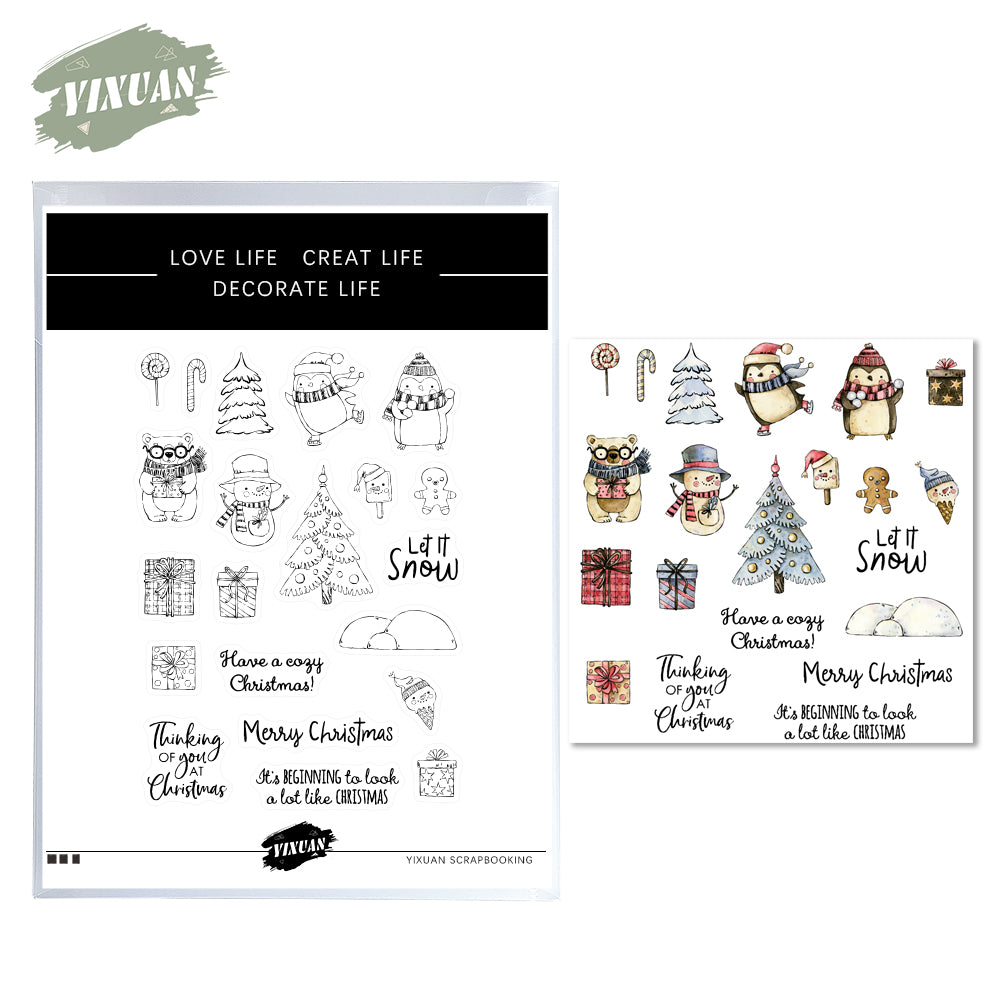 Winter Christmas Tree Snowman Penguin Bear Cutting Dies And Stamp Set YX722-S+D