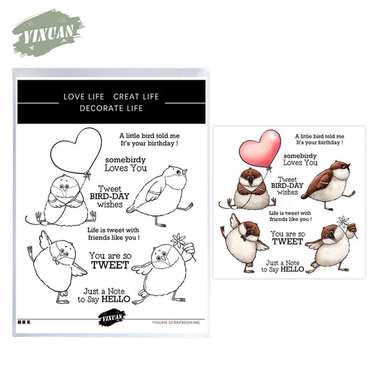 Cute Funny Fatty Birds With Heart Balloon Cutting Dies And Stamp Set YX1200-S+D