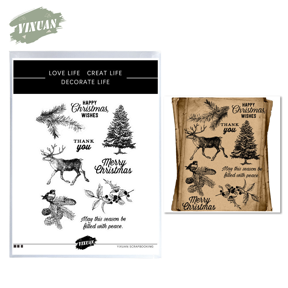Vintage Winter Christmas Tree And Reindeer Cutting Dies And Stamp Set YX782-S+D