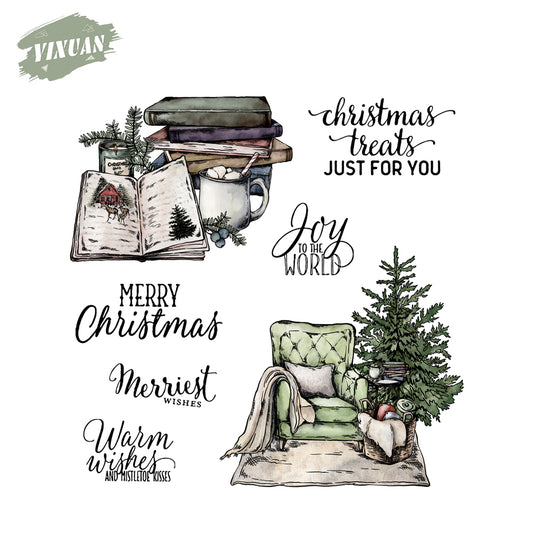 Merry Xmas Sofa & Books Christmas Tree Clear Stamp YX776-S
