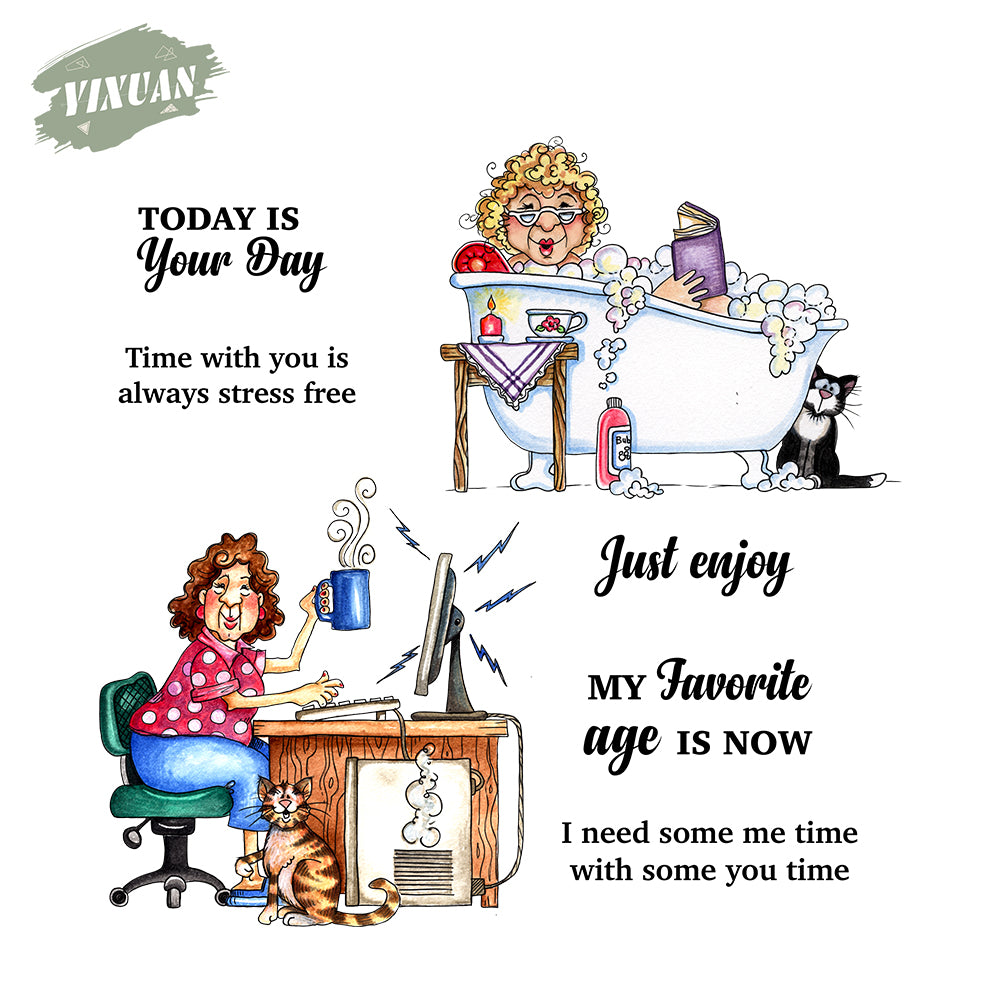 Old Lady And Pet Cat Relax Life Clear Stamp YX1087-S