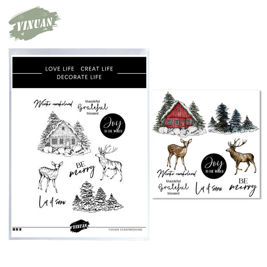 Cottage In Snow And Christmas Tree Reindeer Cutting Dies And Stamp Set YX779-S+D