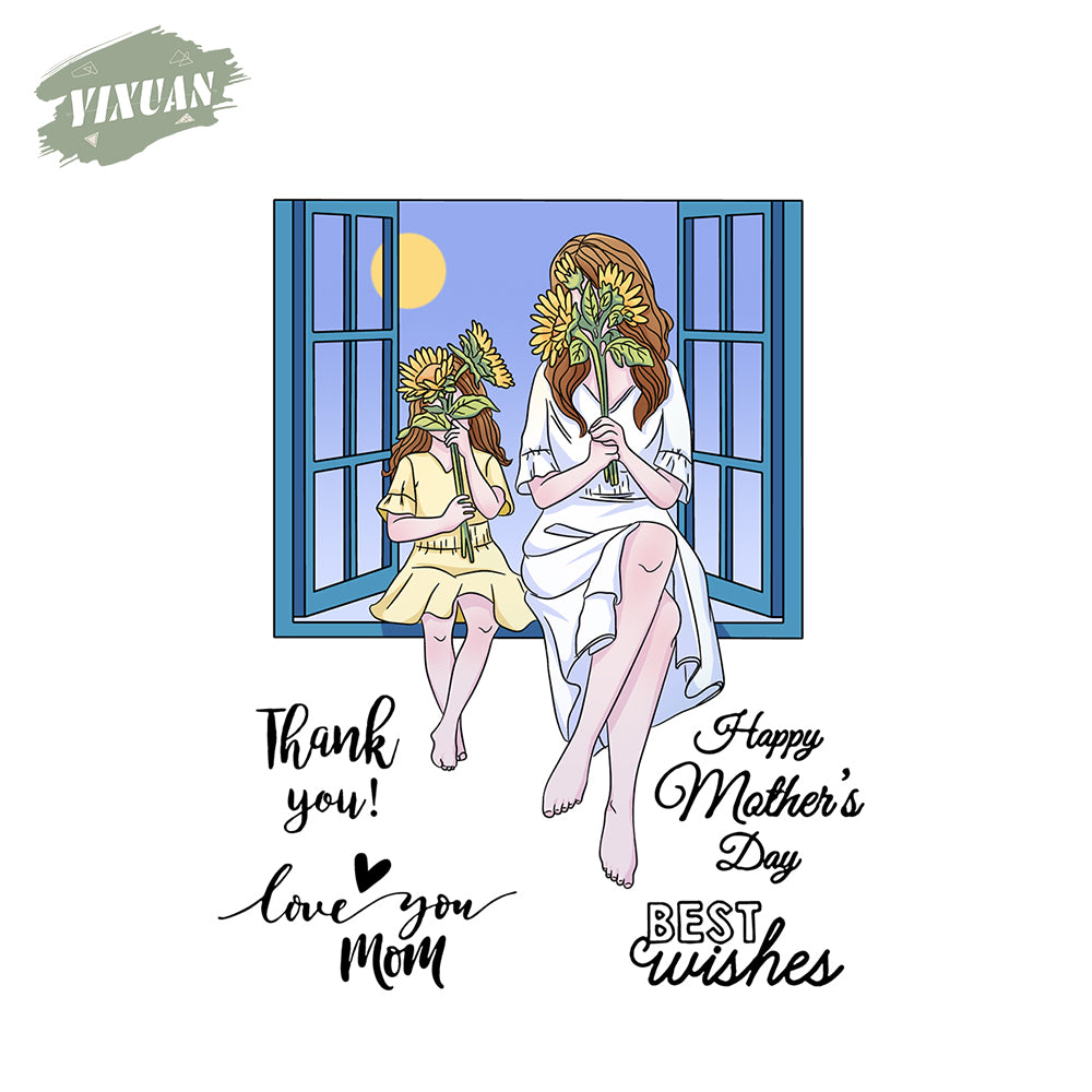 Mother Daughter Sit on Windowsill Mother's Day Daisy Clear Stamp YX513-S