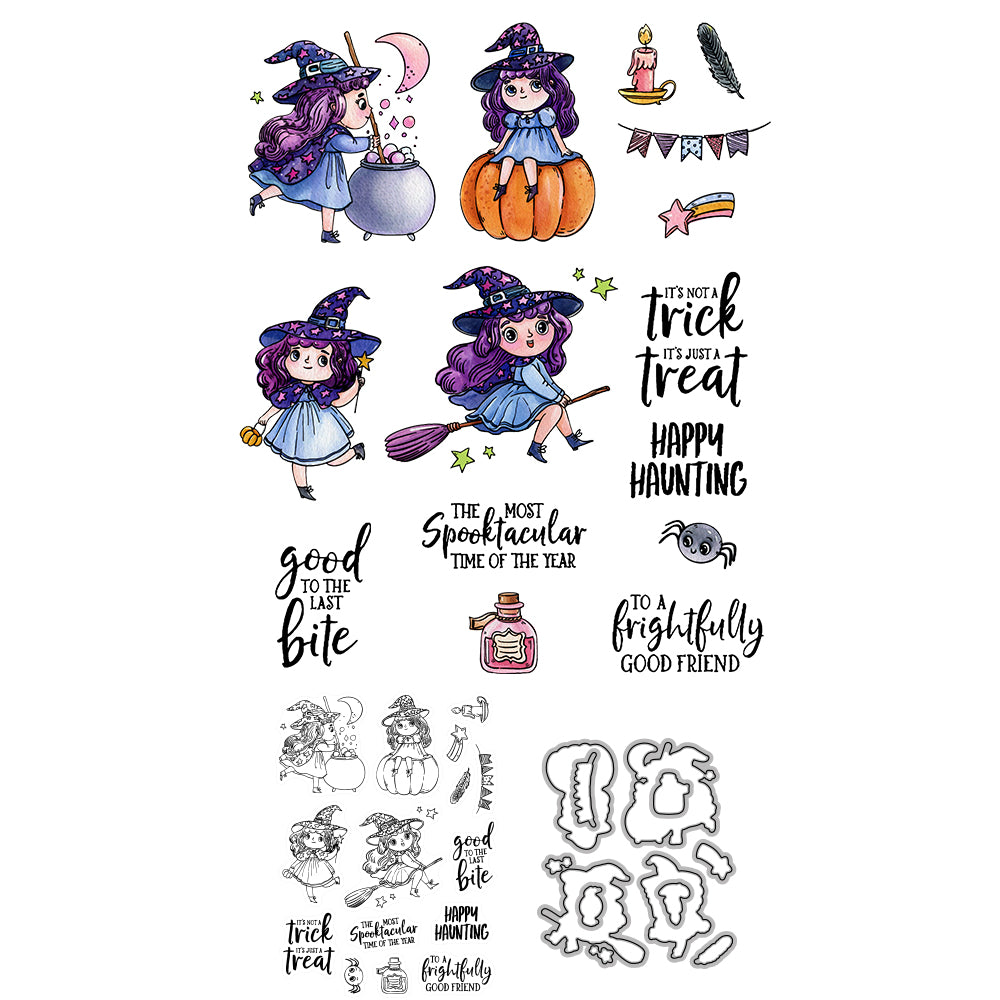 Halloween Girls In Witch Hat Pumpkin Cutting Dies And Stamp Set YX662-S+D