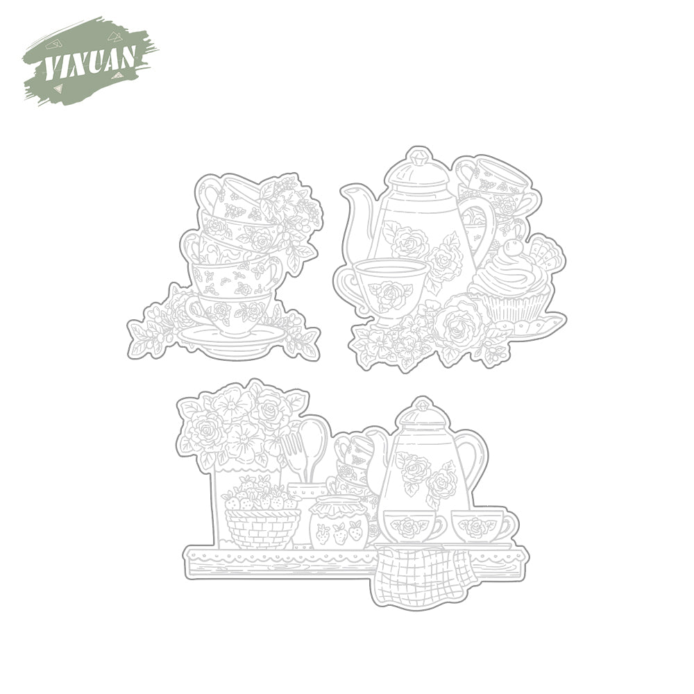 Vintage Roses Tea Set European Style Teapot Cups Cutting Dies And Stamp Set YX1077-S+D