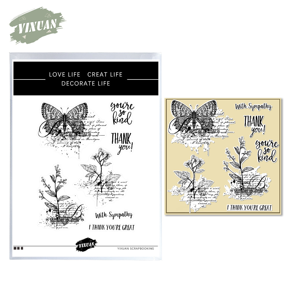 Vintage Beatiful Butterfly And Flowers Clear Stamp YX789