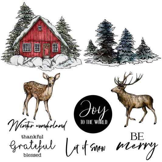 Cottage In Snow And Christmas Tree Reindeer Cutting Dies And Stamp Set YX779-S+D