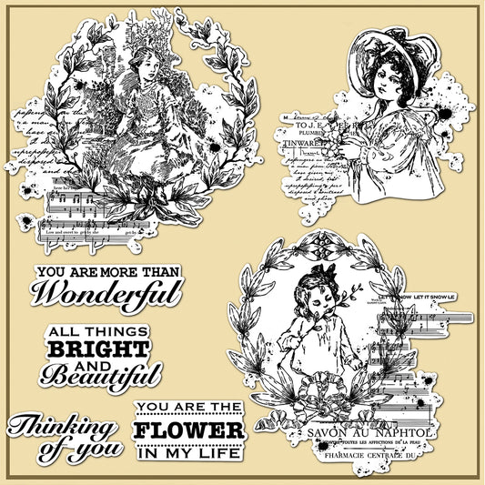 Beautiful Girls In Flowers Wreath Retro Clear Stamp YX1103