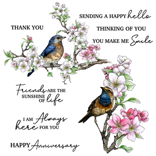 Spring Peach Flowers And Sparrow Bird Cutting Dies And Stamp Set YX1197-S+D