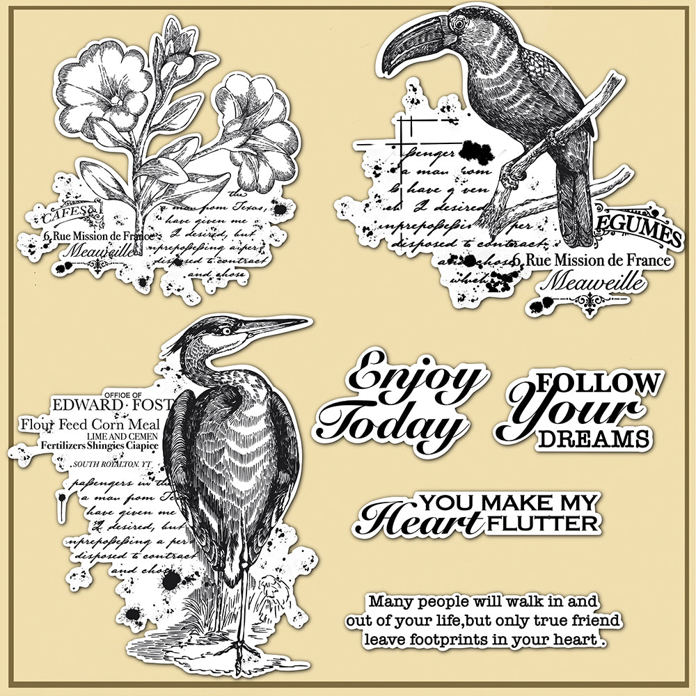Flowers And Big Mouth Birds Vintage Clear Stamp YX1109