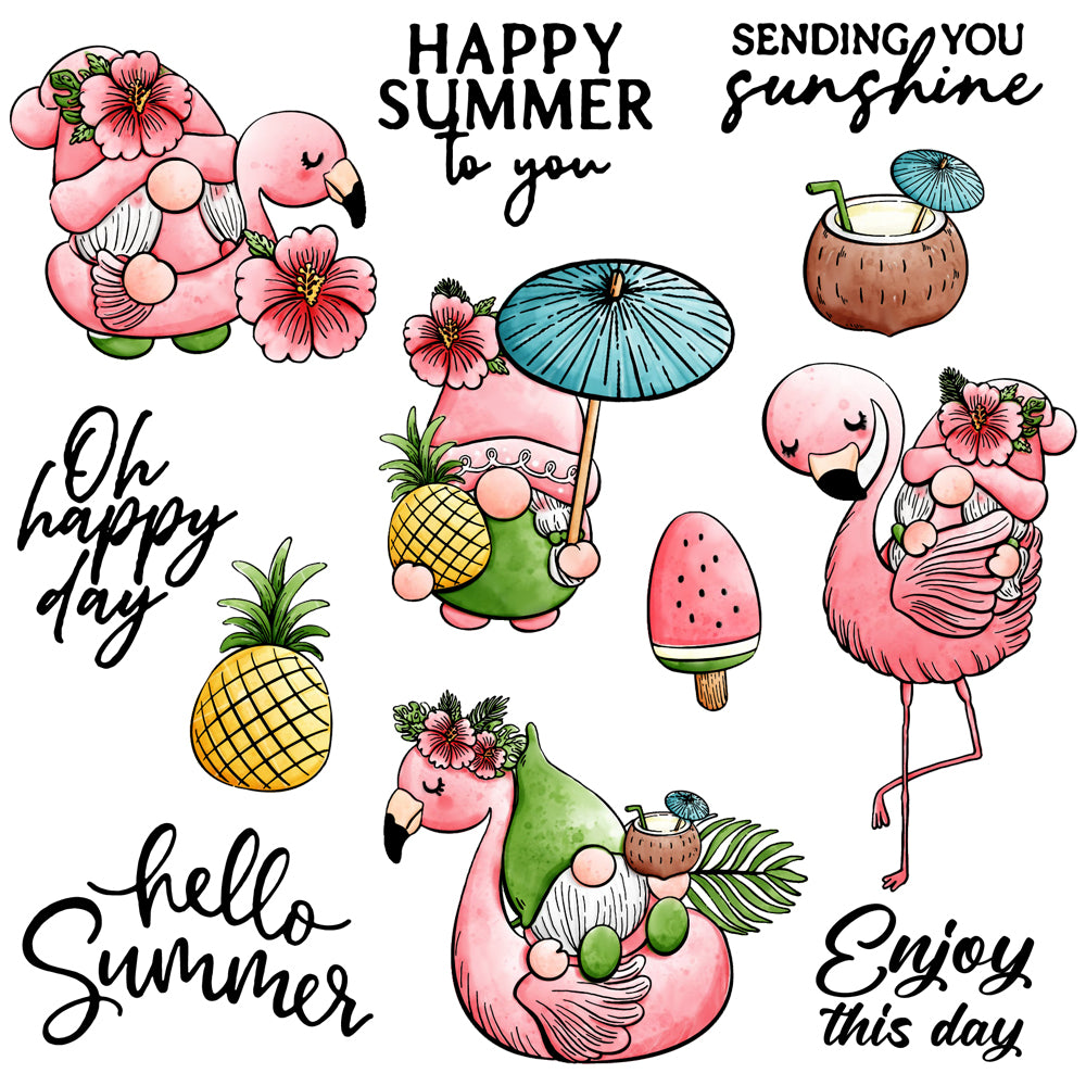 Summer Cute Pink Flamingo Gnome Cutting Dies And Stamp Set YX575-S+D