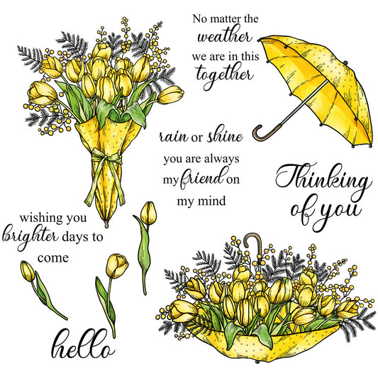 Umbrella And Blooming Tulip Flowers Cutting Dies And Stamp Set YX951-S+D