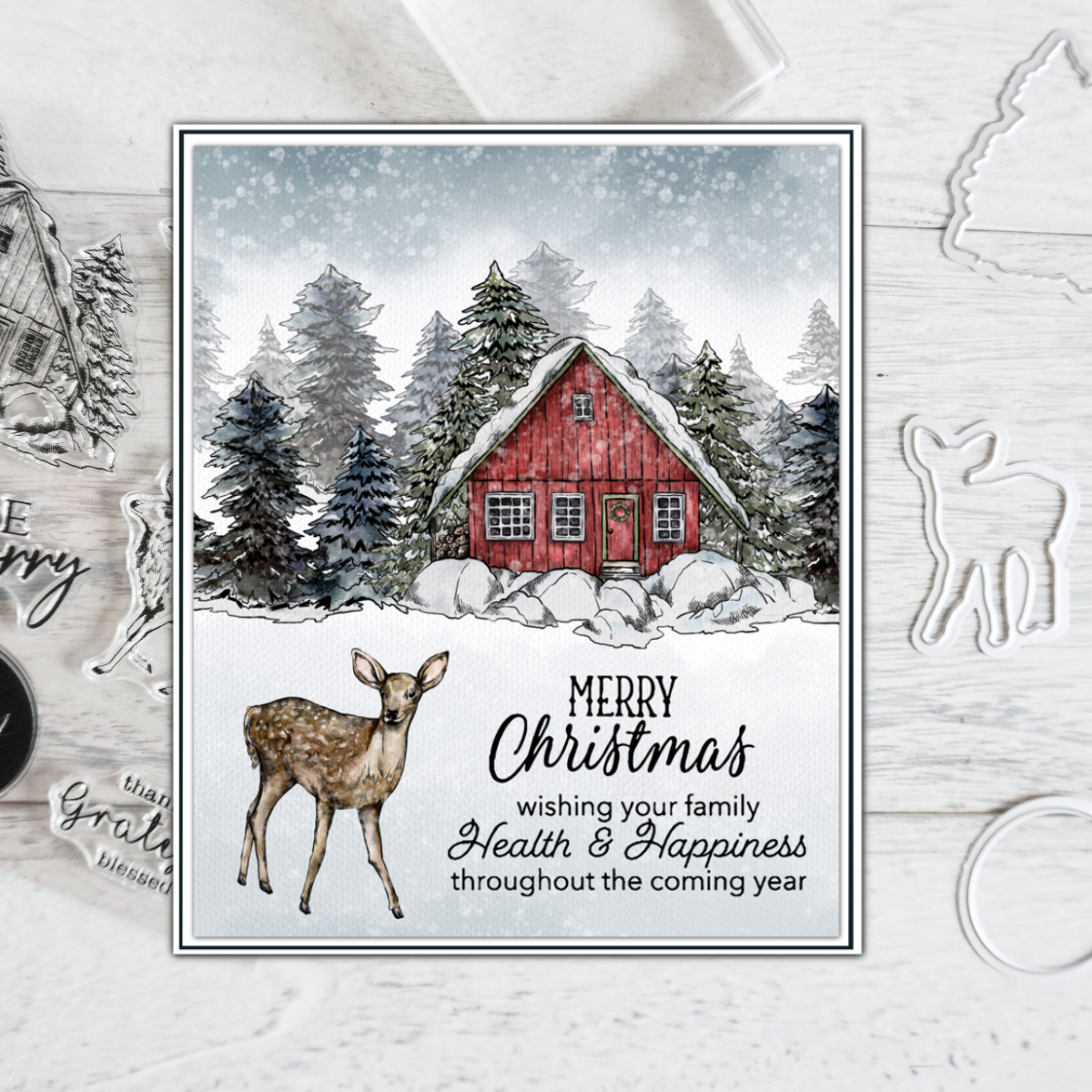 Cottage In Snow And Christmas Tree Reindeer Cutting Dies And Stamp Set YX779-S+D
