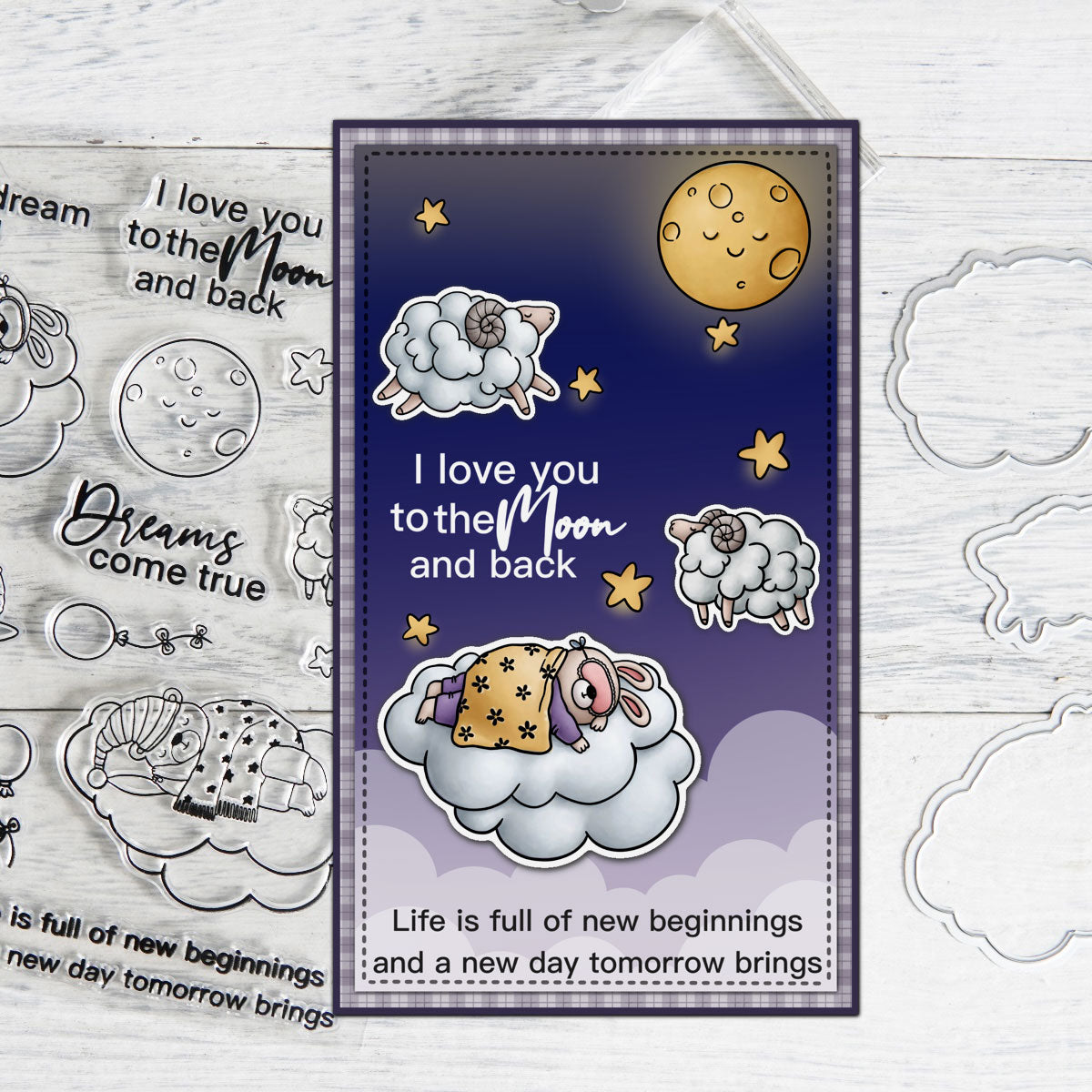Cute Sleeping Animals On Cloud Beds Cutting Dies And Stamp Set YX875-S+D