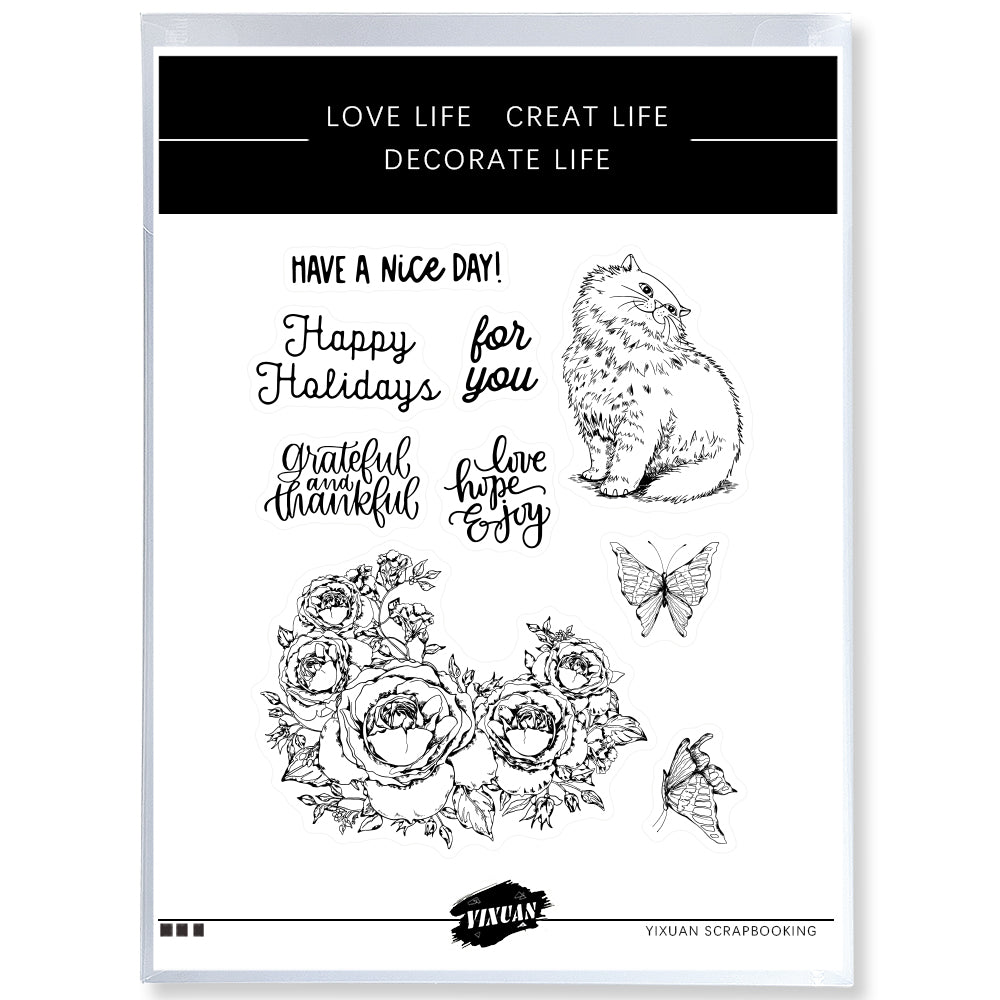 White Fatty Cat And Flowers Clear Stamp YX507-S