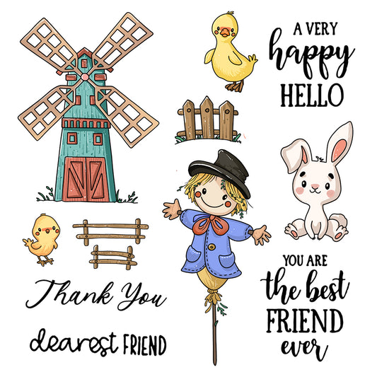 Scarecrow Windmill And Farm Animals Cutting Dies And Stamp Set YX487-S+D