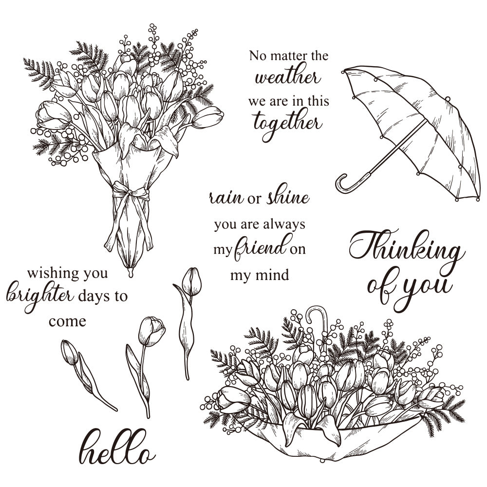 Umbrella And Blooming Tulip Flowers Clear Stamp YX951-S