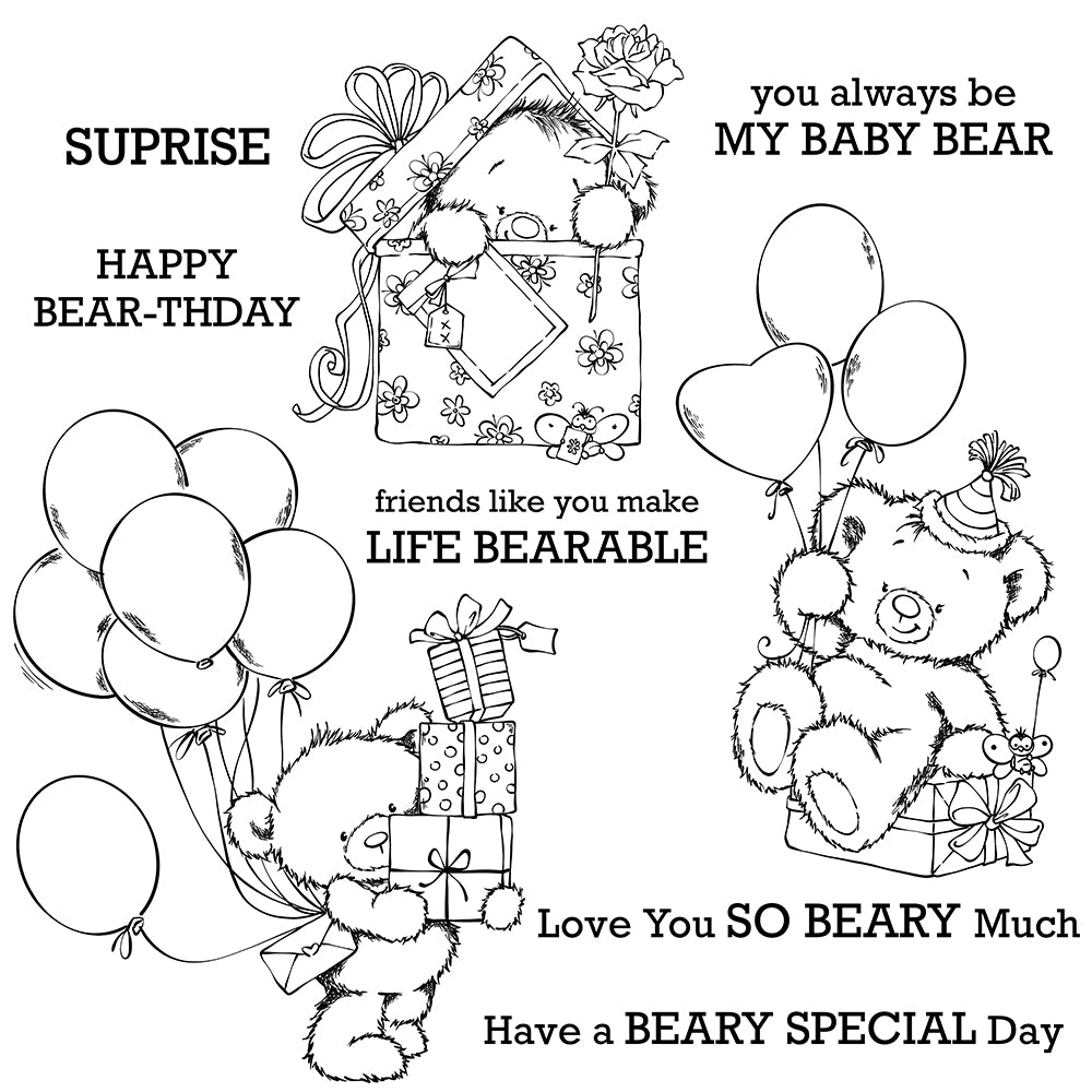 Happy Birthday Gitfs Bear Holding Balloons Clear Stamp YX1175-S