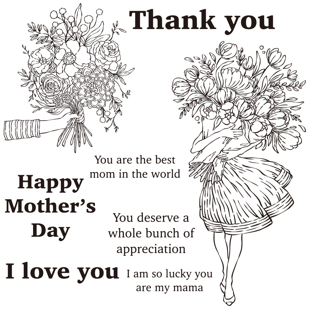Mother's Day Series Girls Holding Flowers Bunches Clear Stamp YX948-S
