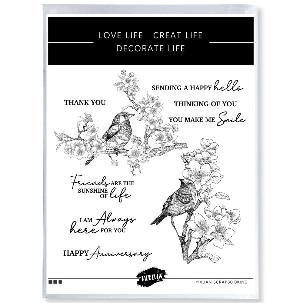 Spring Peach Flowers And Sparrow Bird Clear Stamp YX1197-S