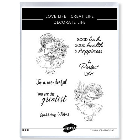 Little Girl Flowers And Cake Happy Bithday Clear Stamp YX654-S