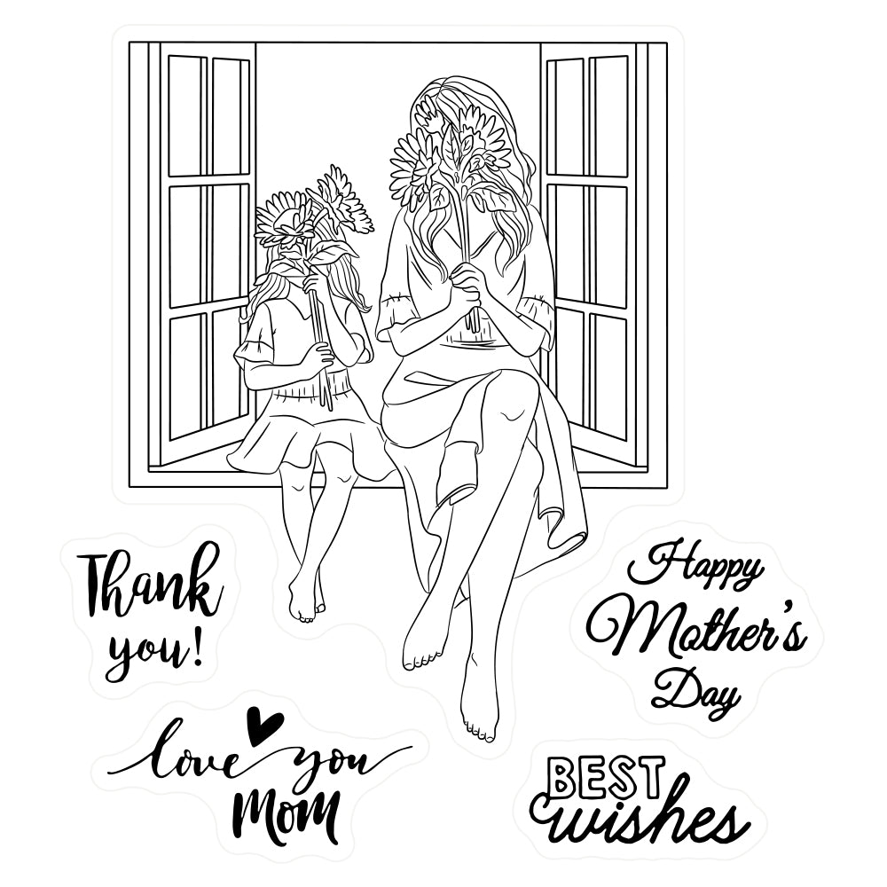 Mother Daughter Sit on Windowsill Mother's Day Daisy Clear Stamp YX513-S