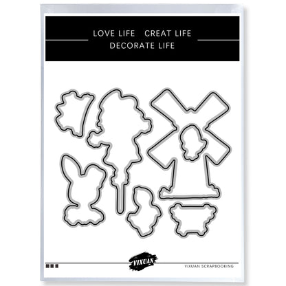Scarecrow Windmill And Farm Animals Cutting Dies And Stamp Set YX487-S+D