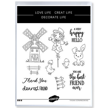 Scarecrow Windmill And Farm Animals Cutting Dies And Stamp Set YX487-S+D