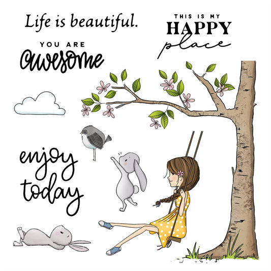 Girls And Rabbit Birds Enjoy Life Cutting Dies And Stamp Set YX506-S+D
