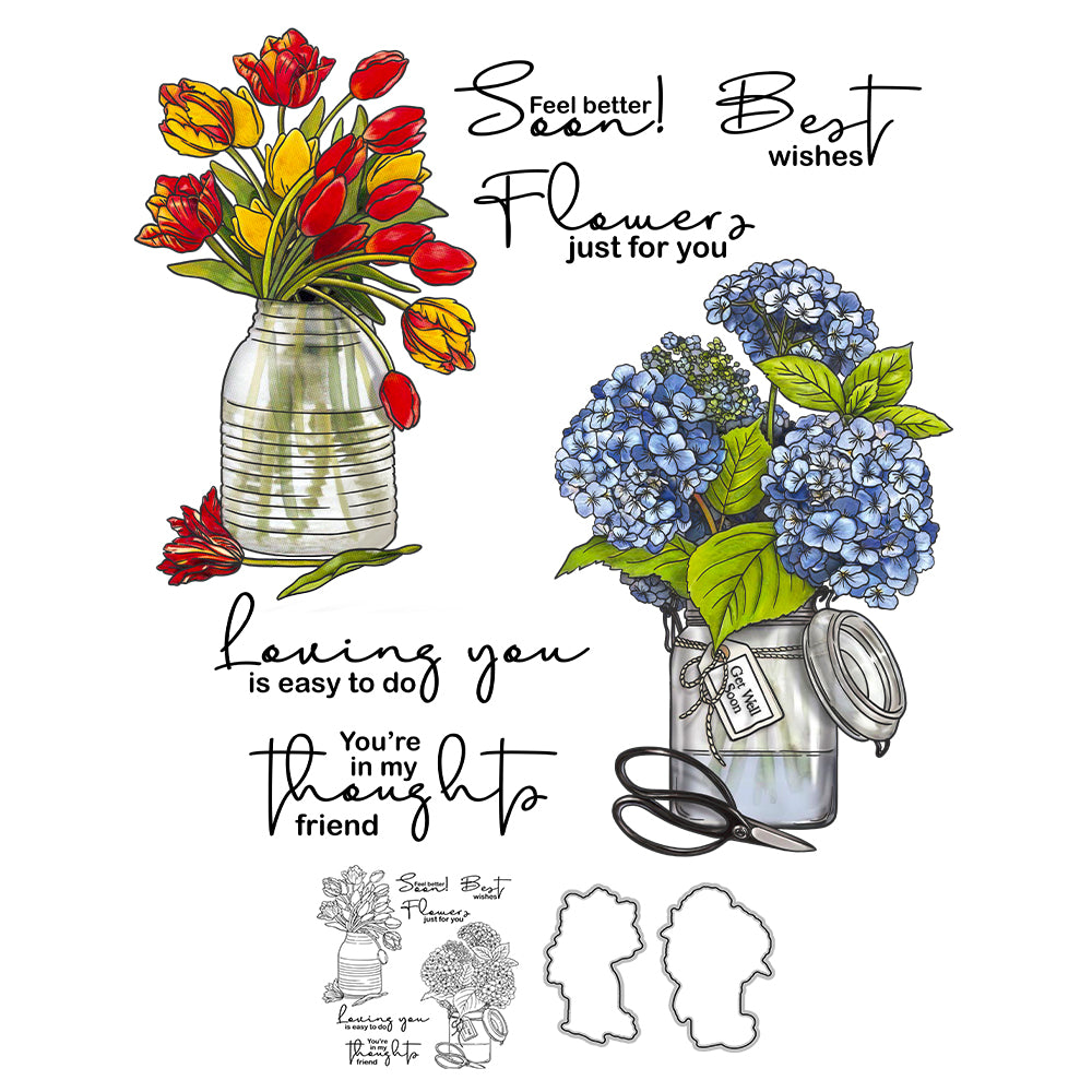 Spring Series Blooming Flowers In Vase Cutting Dies And Stamp Set YX1147-S+D