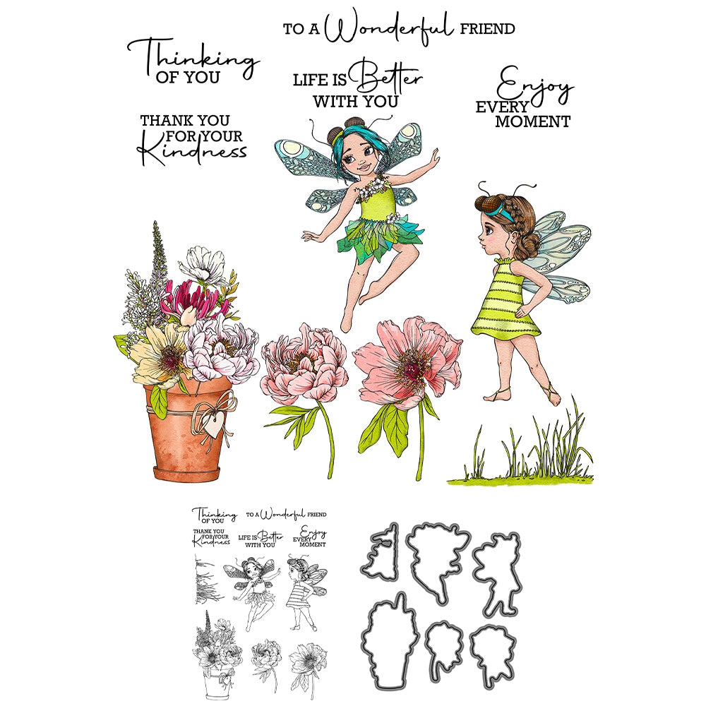 Spring Flowers And Beautiful Dragonfly Girls Fairy Cutting Dies And Stamp Set YX1129-S+D